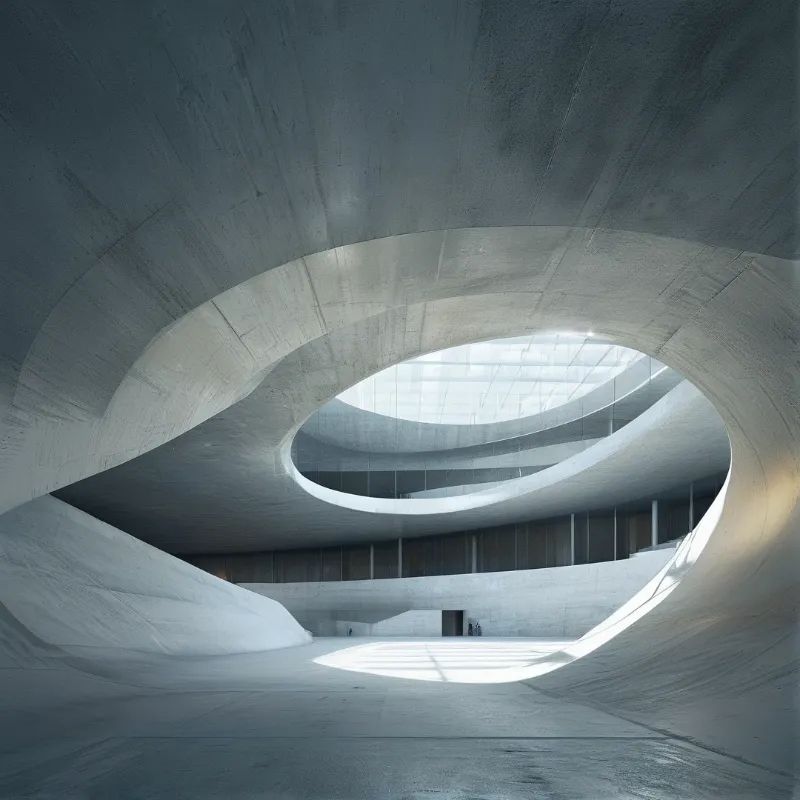 A concrete arch frames a bright central void where sunlight illuminates the smooth curved surfaces of a quiet interior.