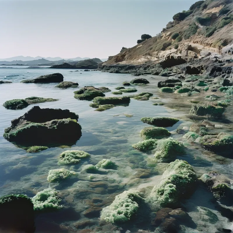 Bright green algae coats dark rocks scattered across shallow turquoise water near a rocky cliffside.