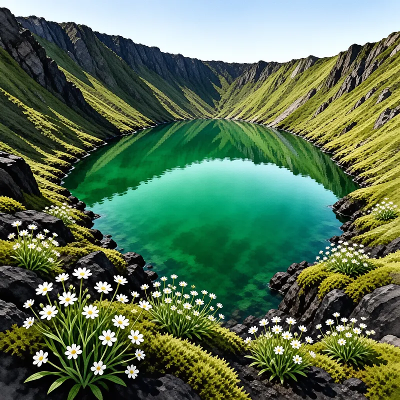 Turquoise water fills a steep basin, mirroring grassy slopes while white daisies bloom on rocky foreground edges.