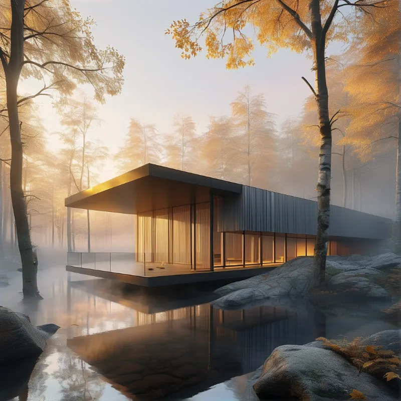 Modern Cabin in Misty Forest