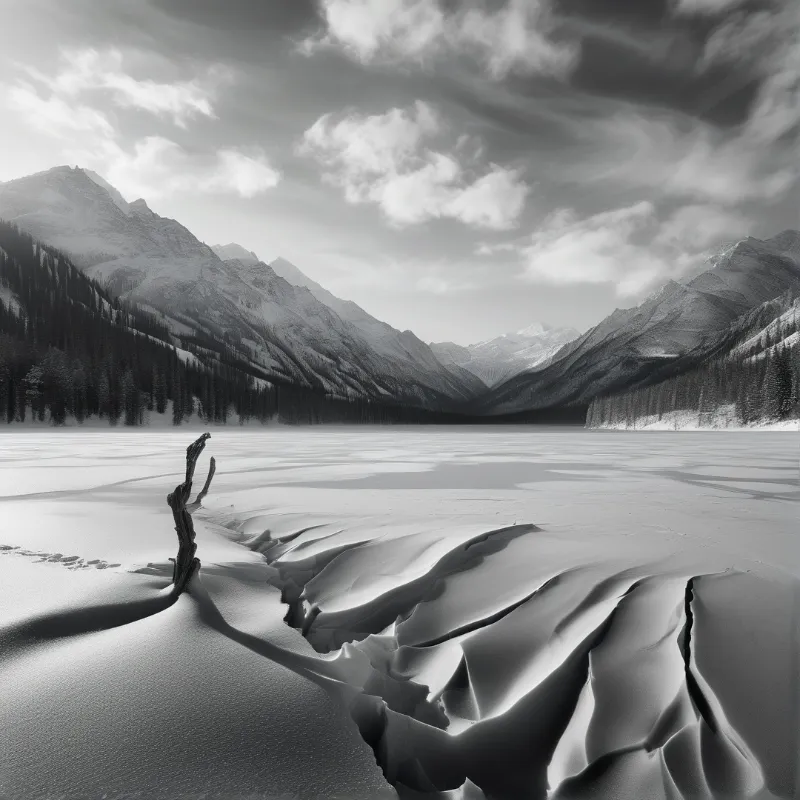 A monochromatic landscape featuring wind carved snow drifts on a frozen lake surrounded by steep forested mountains.