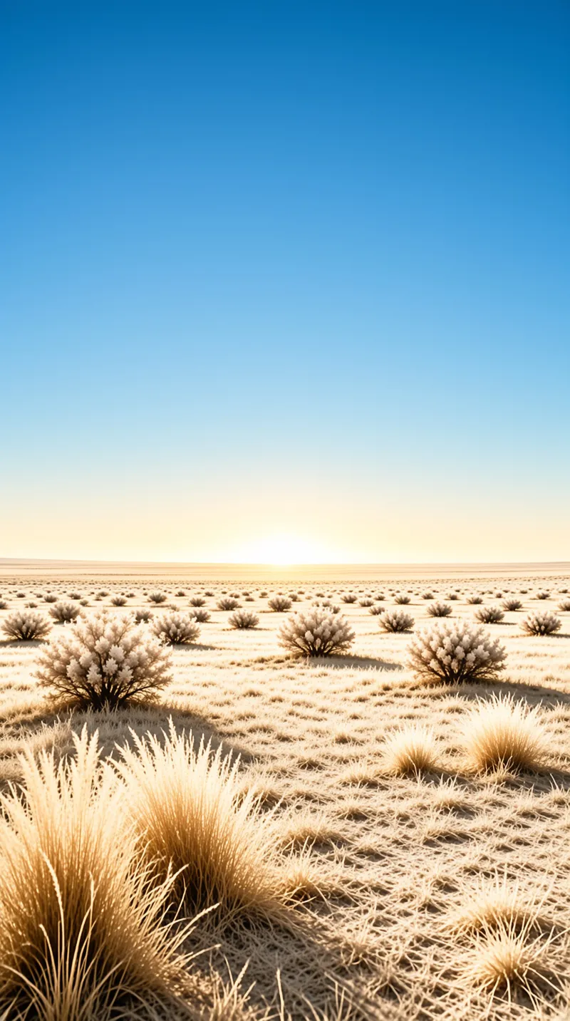 A wide view of a dry field with scattered bushes and tall grass under a gradient sky near the horizon.