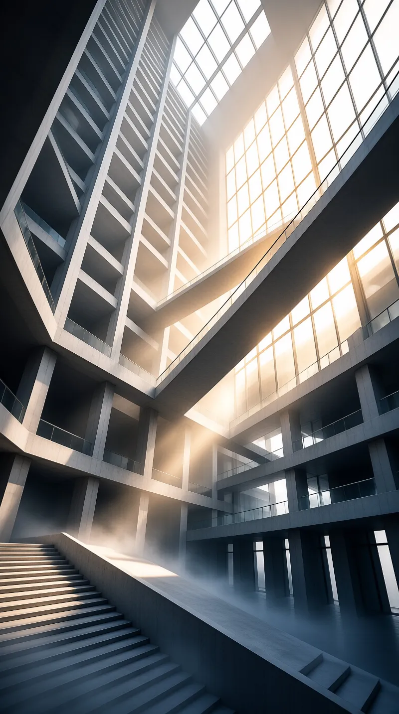 Low angle view of concrete stairs and pillars in a building lit by sunlight streaming through glass walls.