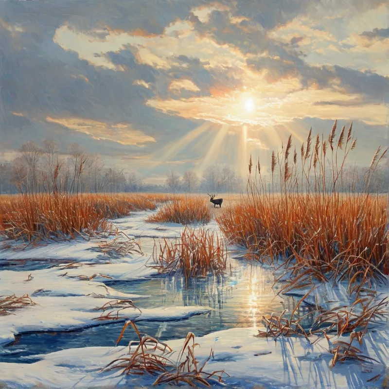 A lone antlered deer stands in a half-frozen marsh lined with frosted golden reeds under sunbeams breaking through clouds