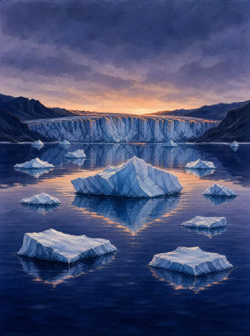A tranquil scene of icebergs floating in a glacial bay at sunset, with warm light reflecting off the calm water and a massive glacier in the background