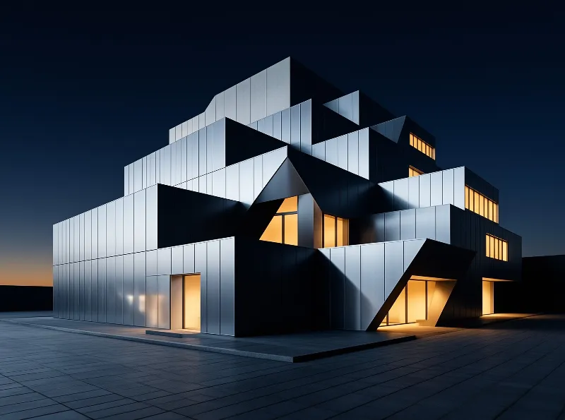 Angular silver building at twilight with warm yellow light glowing from its windows and entrance against a dark sky.
