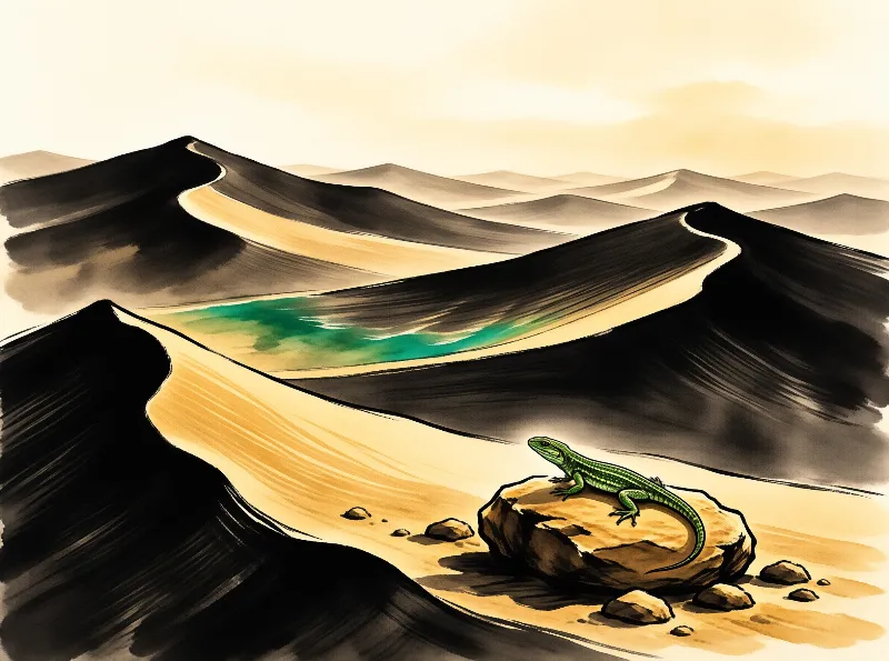 An ink-wash illustration shows a small green lizard perched on a boulder amid sweeping sand dunes and a turquoise pool