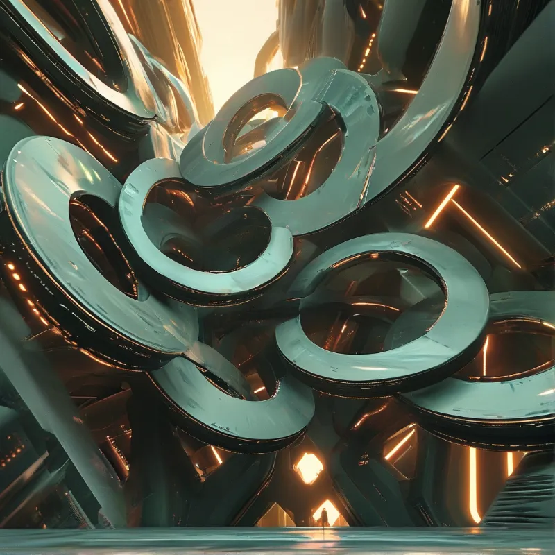 Sleek chrome rings are positioned inside a dark industrial space with glowing amber lights.