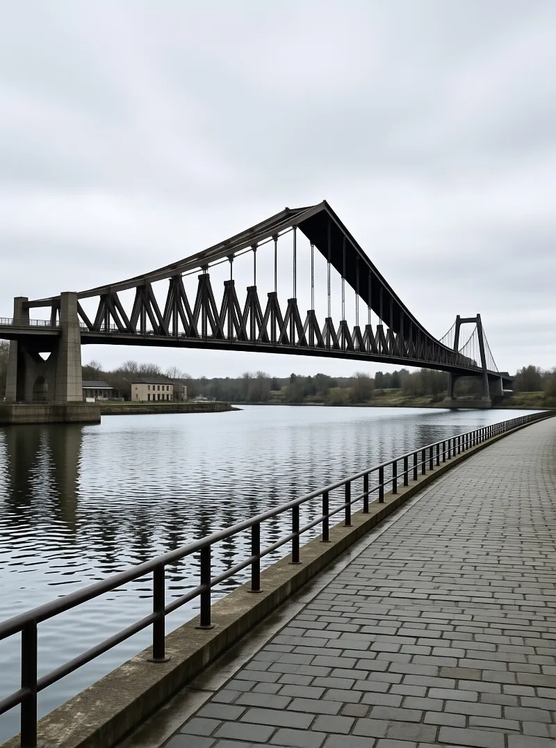 A long truss bridge stretches across a wide river with a paved walkway running alongside the water beneath an overcast grey sky
