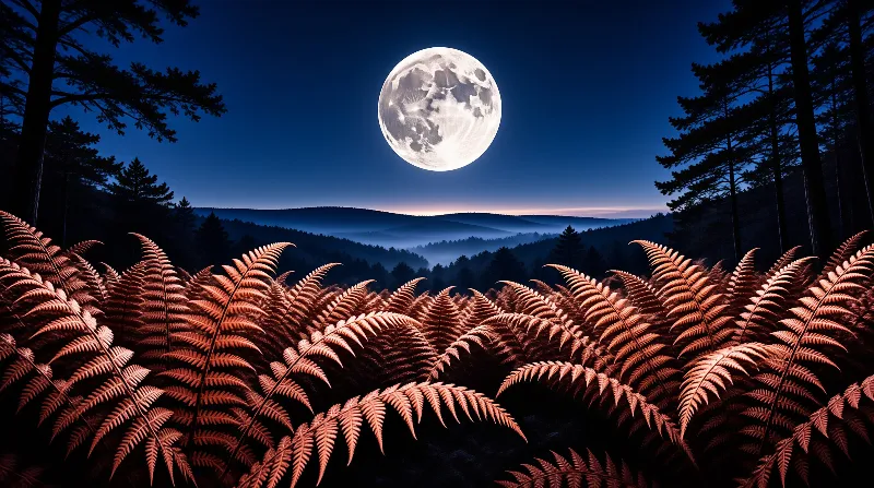 A detailed full moon floats over a misty pine forest while rust-colored ferns dominate the dark foreground.