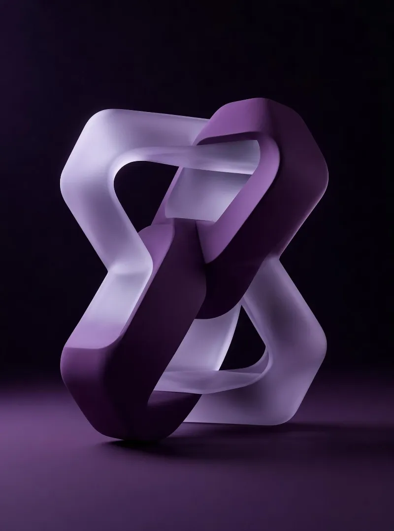 Interlocking smooth geometric shapes in gradient purple hues against a dark background, featuring soft lighting that highlights their curves.