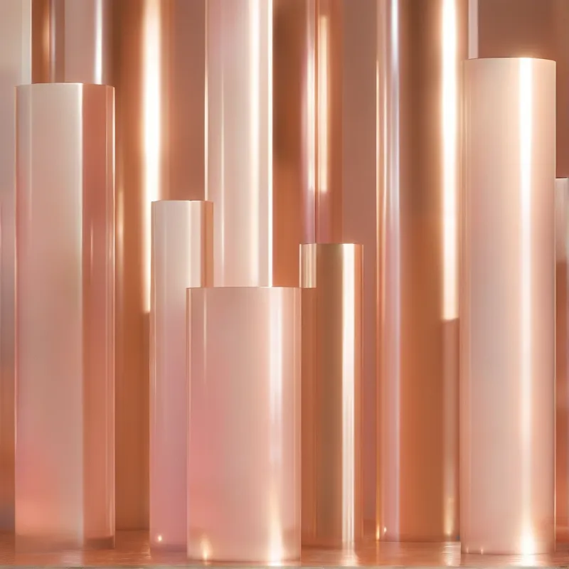 Polished rose gold columns of varying heights sit on a reflective floor, soft warm light casts bright highlights on their curved surfaces.