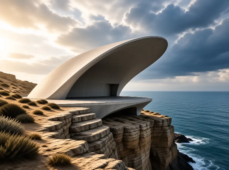 A sweeping white concrete canopy cantilevers over layered sandstone steps beside a calm ocean under warm low sunlight.