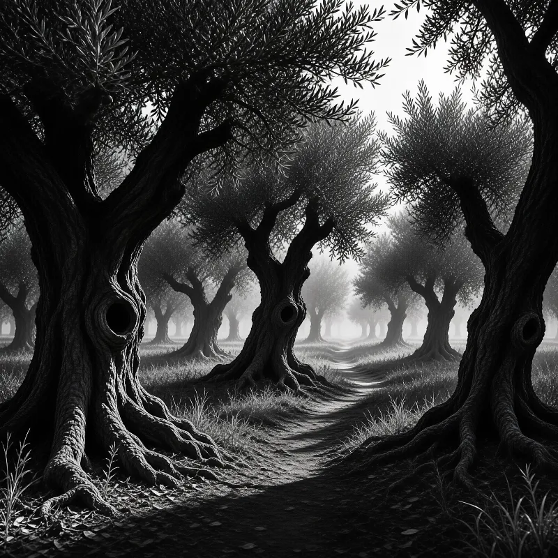 Monochromatic scene of gnarled olive trees with exposed roots lining a winding path fading into distant fog.