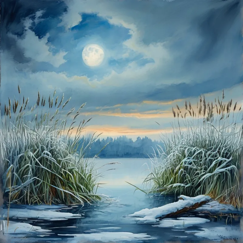 An oil painting style scene of pale reeds dusted with snow at the edge of a still lake beneath a bright full moon.