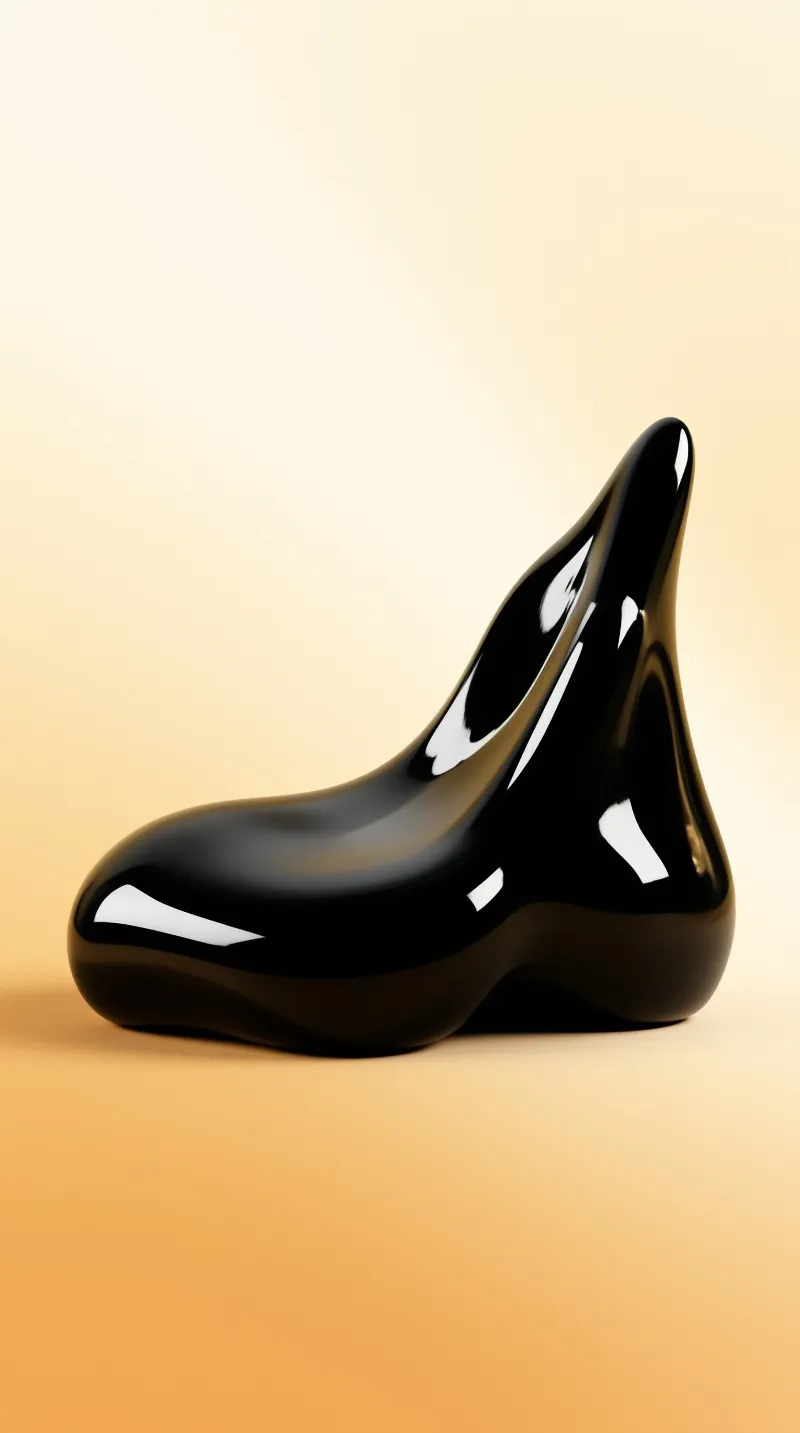 A shiny black irregular form resembling a footwear rests on a smooth pale orange backdrop with sharp highlights.