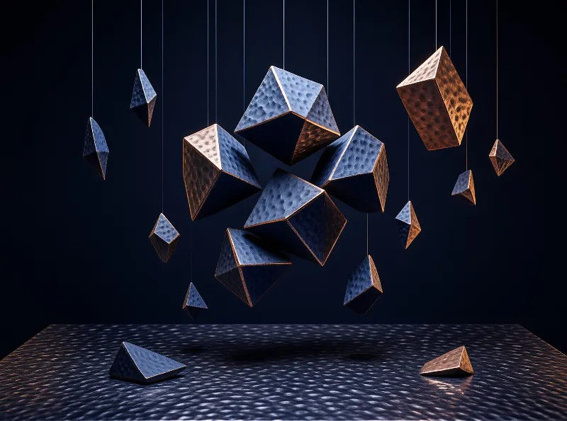 Multiple hammered metal geometric solids hang from thin wires over a dim textured surface lit by warm directional light