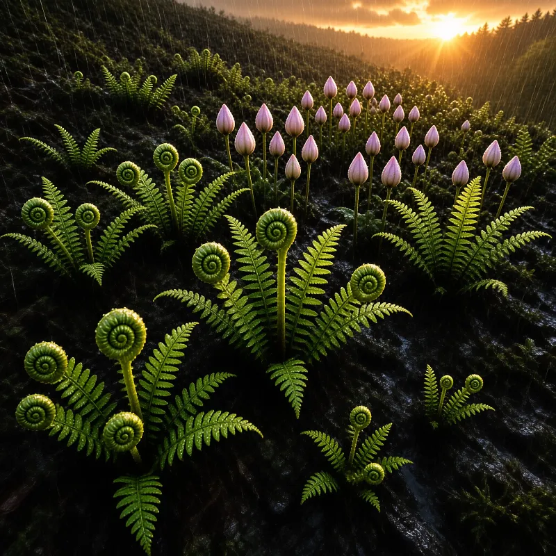 Green fern fronds and pale pink flower buds grow on dark wet rocks while rain falls against a bright orange sunset sky.