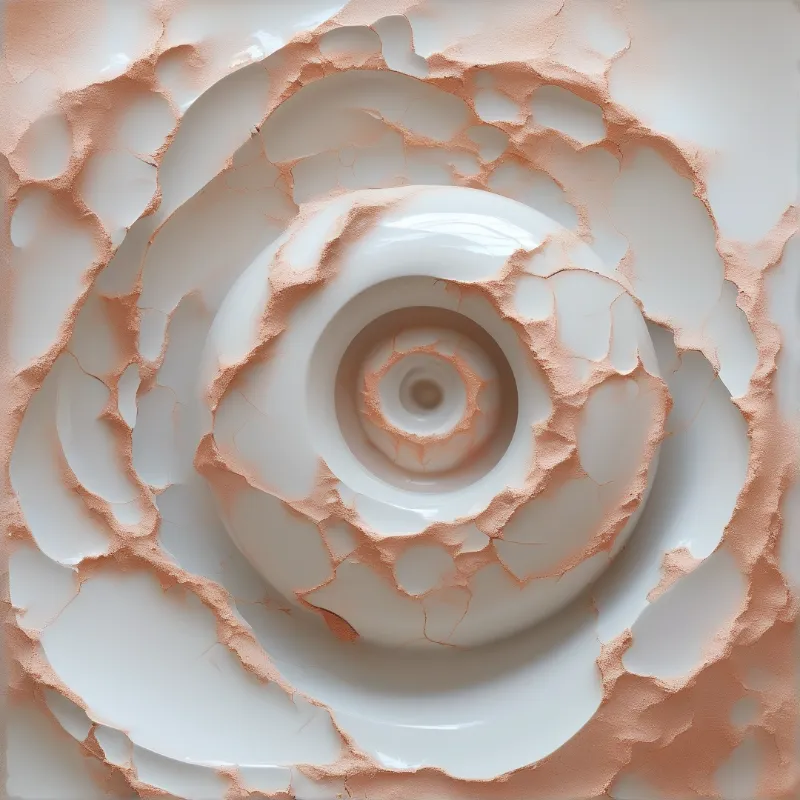 Close-up of a nautilus shell spiral featuring glossy white segments with peach textured material filling the crevices