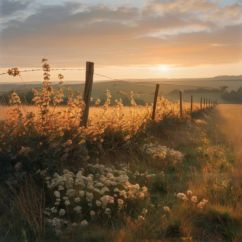 A wooden fence runs through a field of wildflowers during a warm sunset.