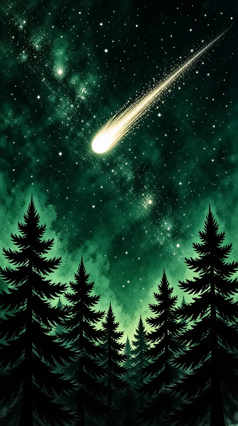 A luminous shooting star trails across a starry teal sky above silhouetted evergreen trees.