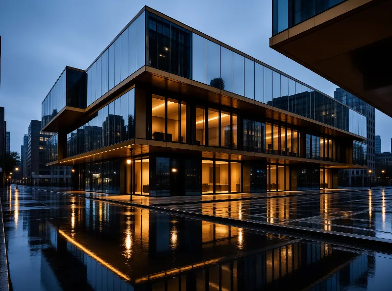 A glass facade structure emits warm light onto a rain-slicked plaza while the cool blue evening sky reflects above.