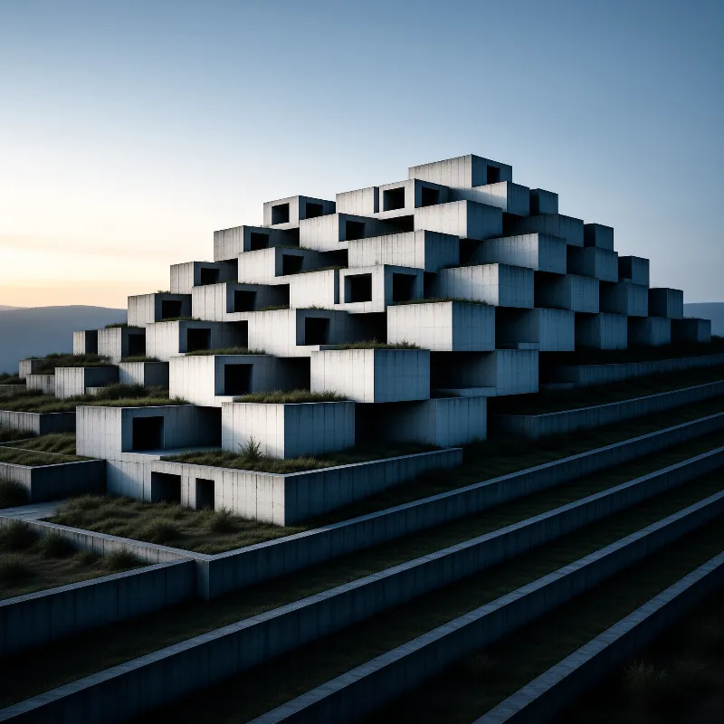 A large tiered structure made of grey concrete blocks sits on a hillside with grass growing on the levels during dusk.