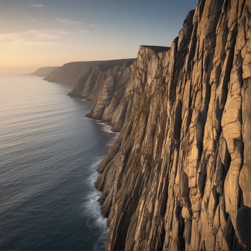Tall stratified sea cliffs run along a calm coast as low warm sunset light glows across the rocky face and adjacent water