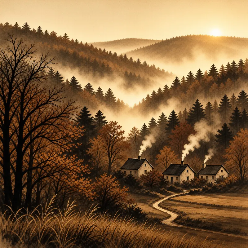 Three small houses emit smoke into the air while nestled among autumn foliage and misty rolling hills under warm light.