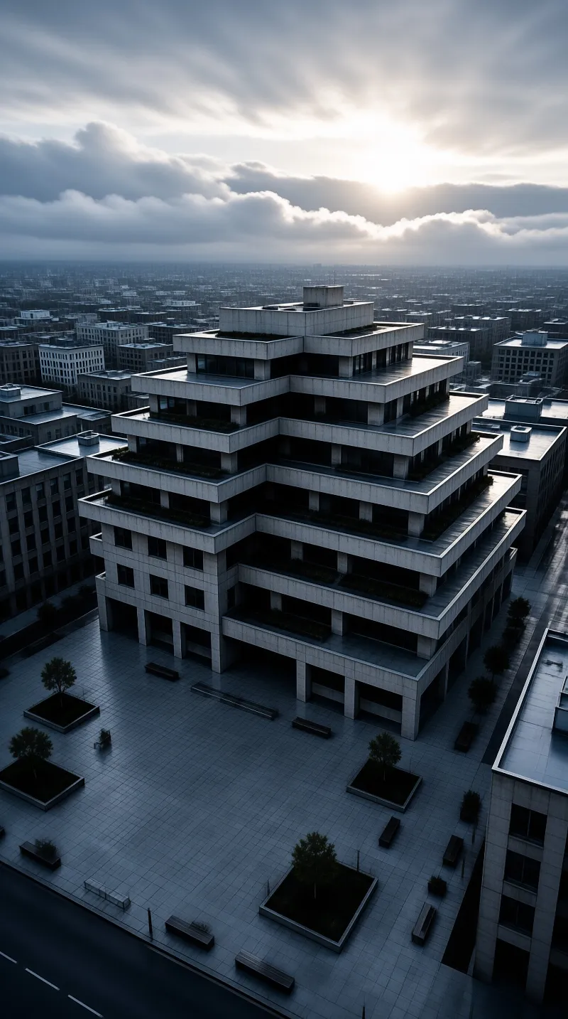 A stepped concrete landmark dominates a dusk cityscape, its terrace gardens overlooking a paved plaza with benches.