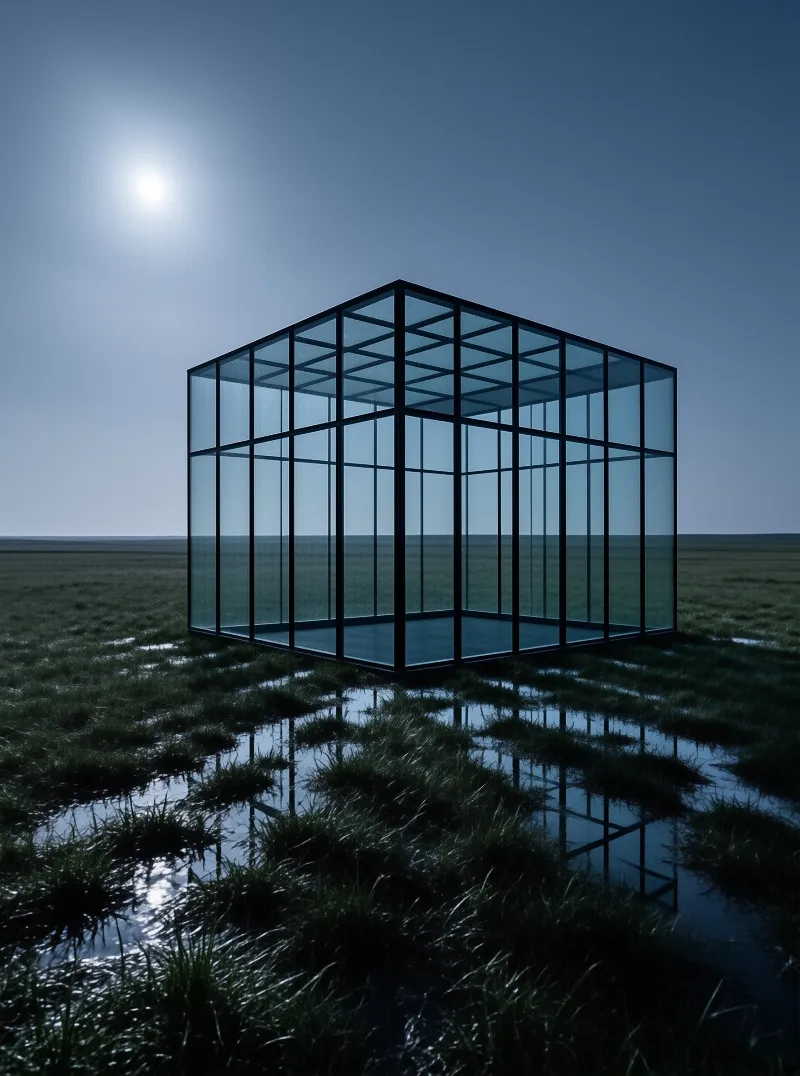A glass cube with a black frame stands in wet grassland under a cool blue sky with a bright light reflecting in the water.