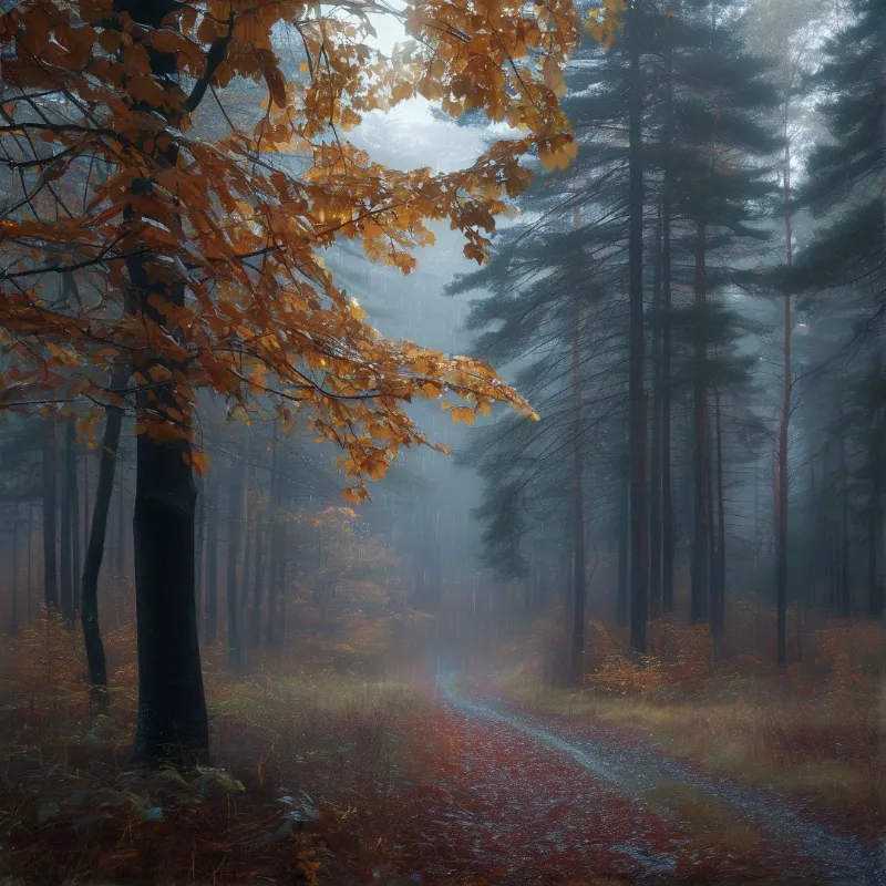 A winding dirt road leads through a foggy woodland where bright orange autumn foliage contrasts with dark evergreen trees.