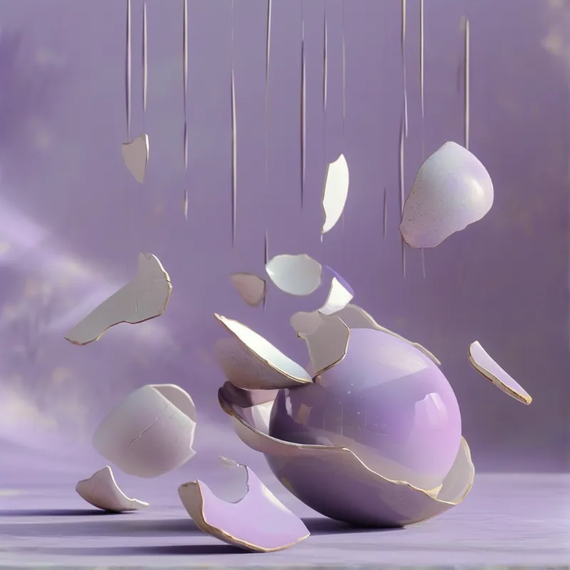 Shattered purple egg fragments float around a central sphere within a soft violet atmosphere.