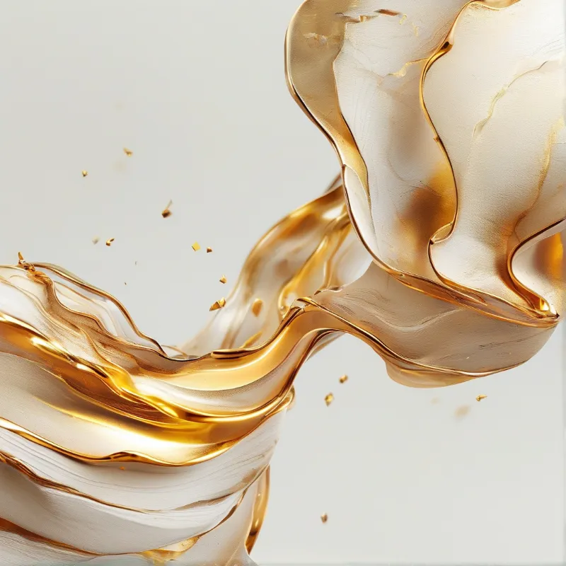 Shiny golden liquid forms abstract curves against a clean white background with scattered fragments.