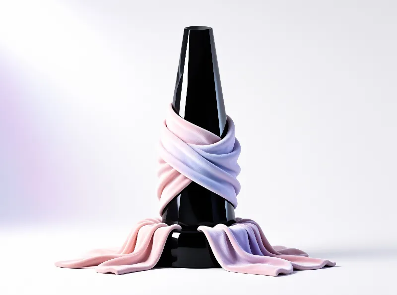 A glossy black conical object stands upright wrapped in a spiral of soft pink fabric against a white background.