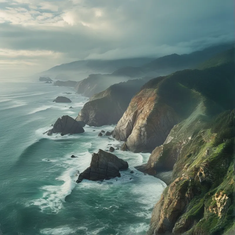 Towering green cliffs rise along the shore where white waves crash against dark rocks under a misty grey sky.