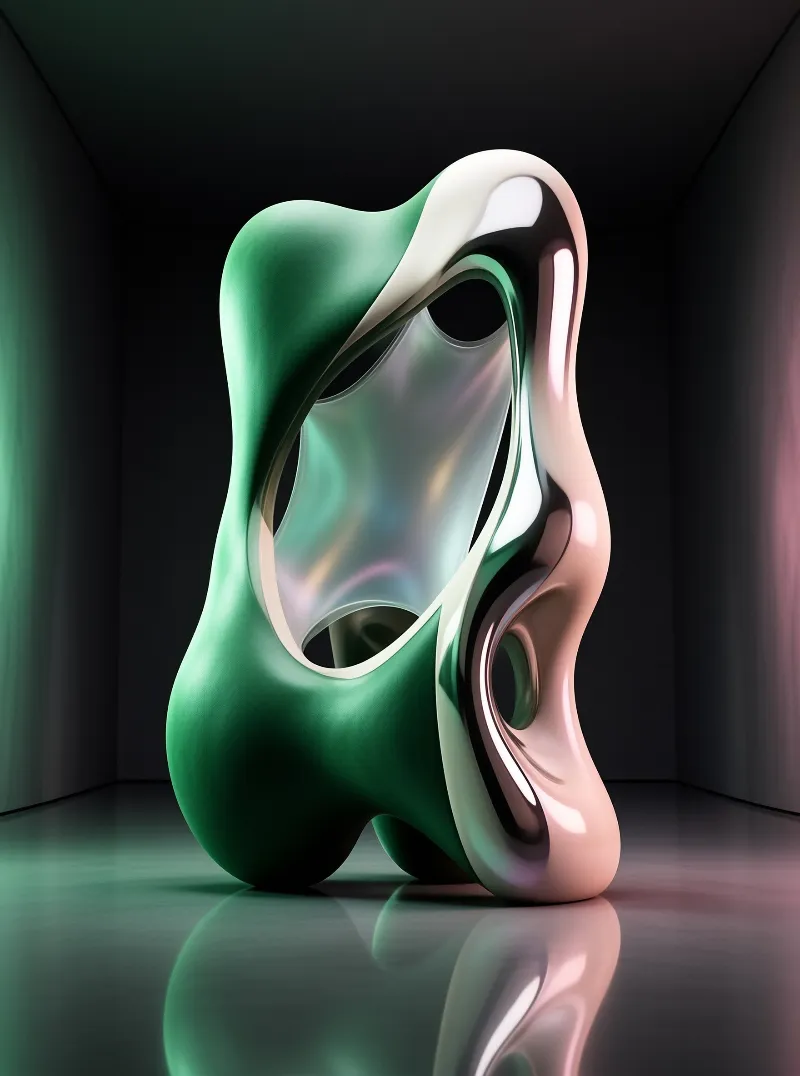 A smooth green and pink abstract sculpture stands in a dark room with a glossy floor reflecting its iridescent curves.