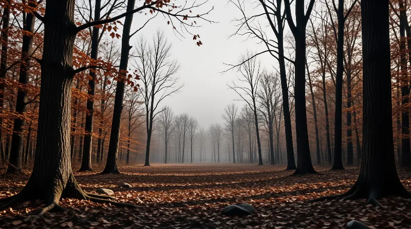 A foggy autumn forest with bare black trees and a carpet of fallen orange leaves, viewed down a central corridor of trunks