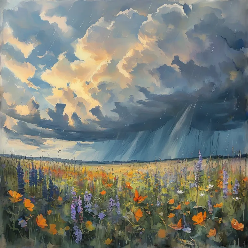 A blooming meadow of orange and purple wildflowers sits beneath dark storm clouds pierced by golden light and distant rain