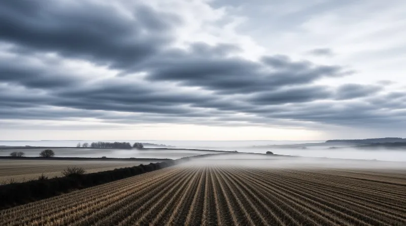 Plowed field rows stretch into low fog over rolling farmland beneath heavy grey cloud cover at dawn.