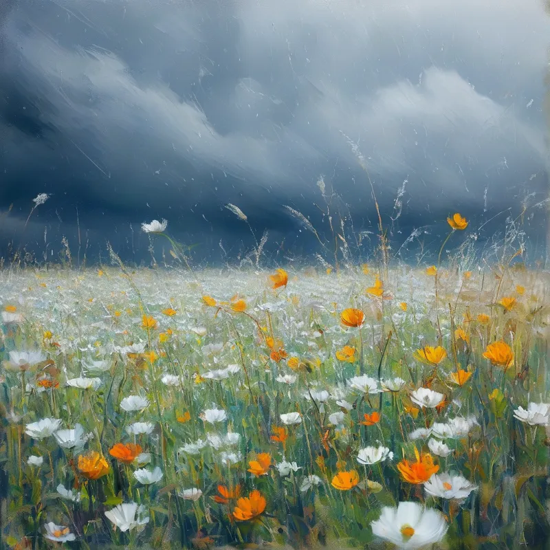 A painting of a wildflower meadow with white and orange blooms swaying in the wind under a dramatic grey storm sky.