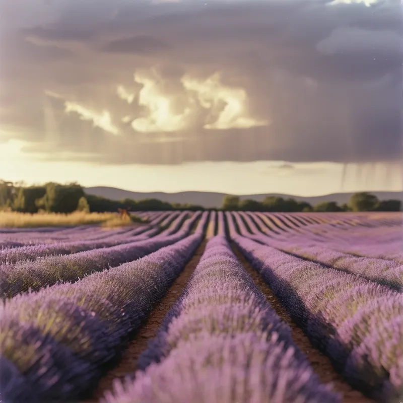Purple lavender plants grow in neat lines across a field beneath a dramatic sky with breaking sunlight.