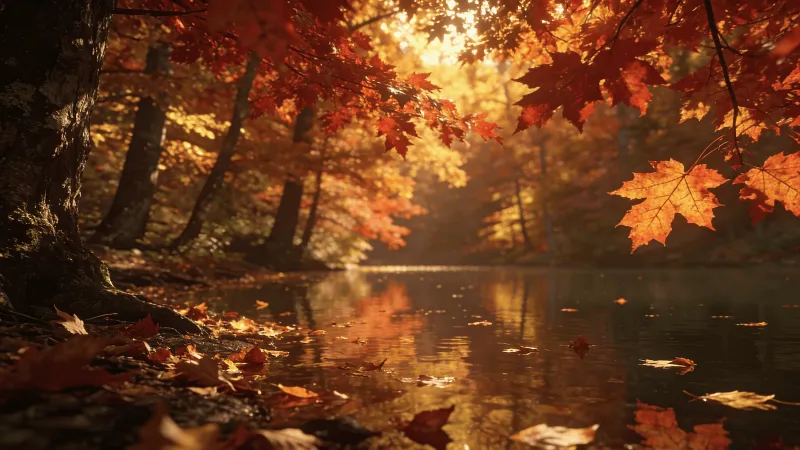 Red Maple Canopy Over a Calm Lake