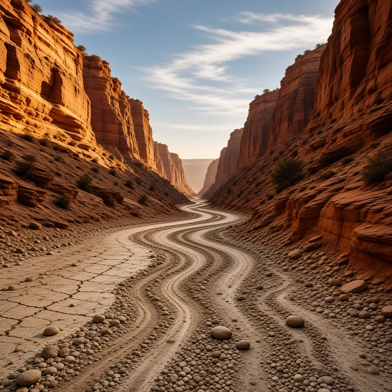 A dry riverbed with visible tracks winds through a deep red rock canyon illuminated by warm sunlight.