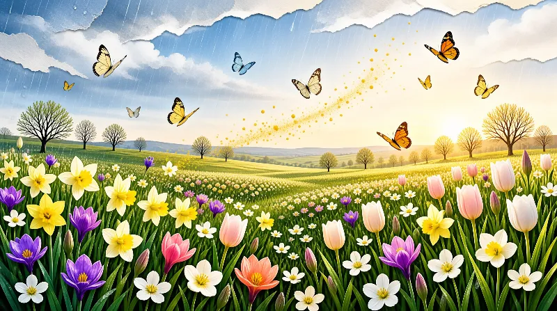 Colorful spring blooms fill a green rolling meadow while assorted butterflies fly through a softly lit bright spring sky