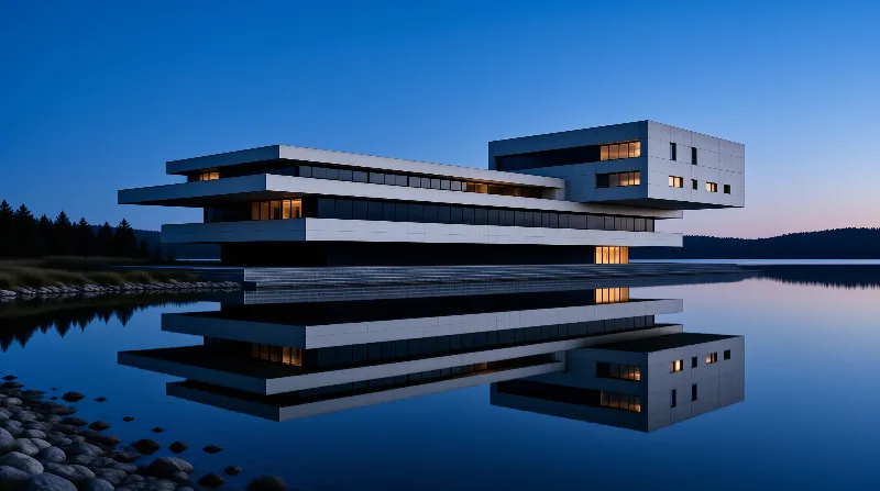 A modern white house with stacked horizontal floors glows from within and doubles its shape in the calm lake at dusk.