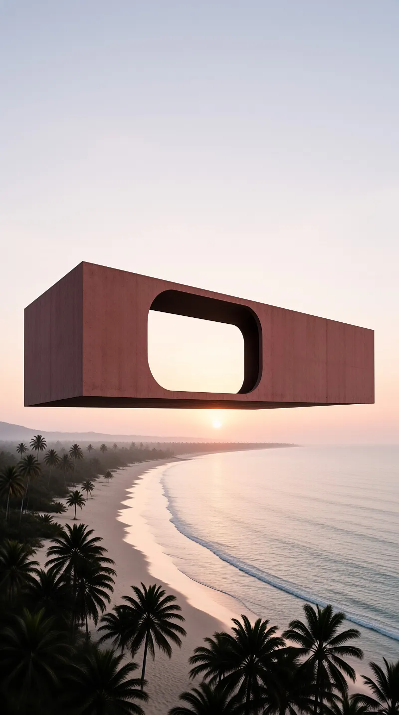 A rust colored hollow concrete block floats above a tropical beach at sunset