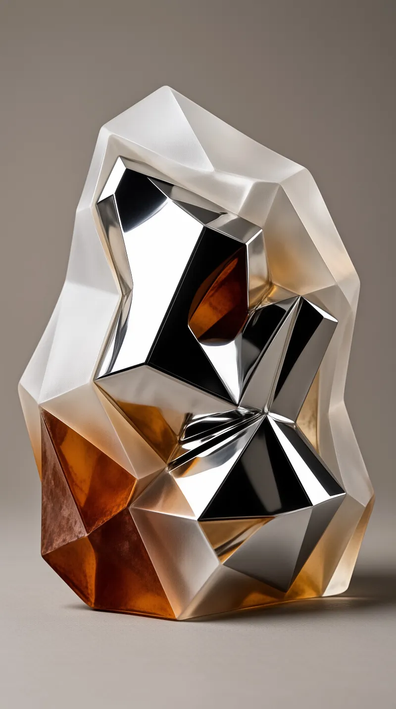 A large abstract geometric sculpture with polished silver surfaces and deep amber reflections inside.