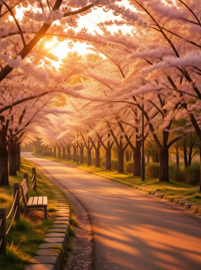 Cherry Blossom Path at Sunset