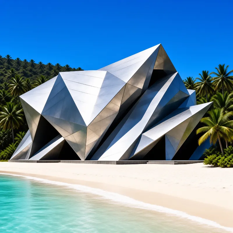 Angular silver building stands on a white beach with turquoise water and palm trees in background.